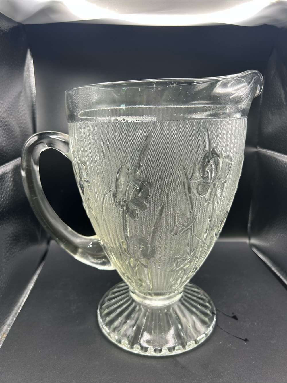 Vintage Jeannette Iris Clear Depression Glass 56oz Footed Pitcher 1928-1932